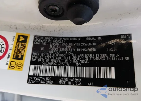 2018 Toyota Highlander Xle z USA, uszkodzony, nr VIN 5TDJZRFHXJS877539